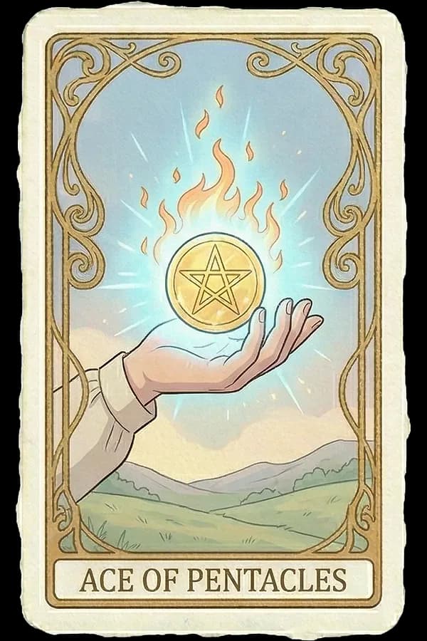 A glowing hand emerges from a cloud holding a heavy golden coin stamped with a pentagram, suspended above a flowering garden with a rose arch and distant mountains.