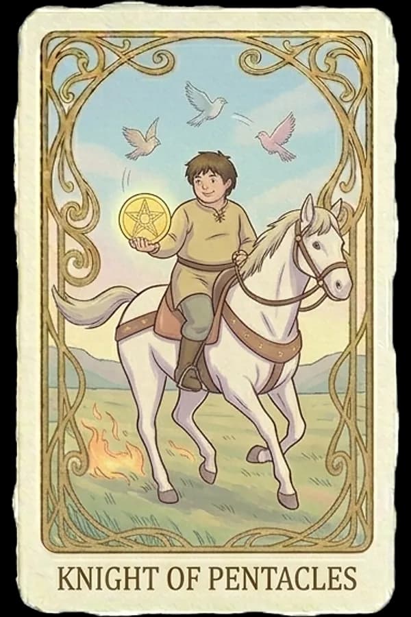 A knight in dark armor sits patiently upon a massive black workhorse in a freshly plowed field, holding a single golden coin in his hand with steady focus.