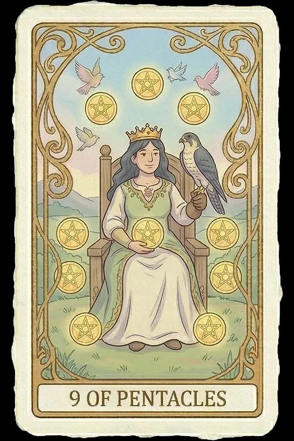 An elegant woman in a golden robe walks through her private vineyard with a hooded falcon on her gloved hand and nine heavy coins hanging from the grapevines.