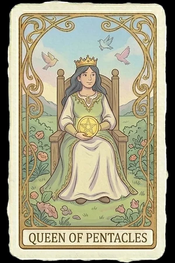 A crowned queen sits upon a stone throne carved with goats and fruit, cradling a golden coin gently in her lap while a wild rabbit leaps through flowering roses nearby.