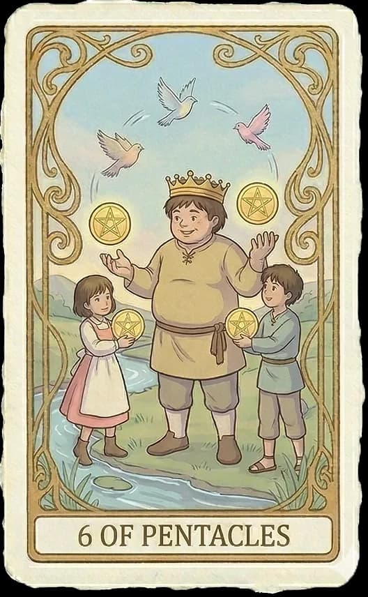 A wealthy merchant in fine robes holds balanced scales while dropping golden coins into the hands of a kneeling petitioner, beneath six floating pentacles.