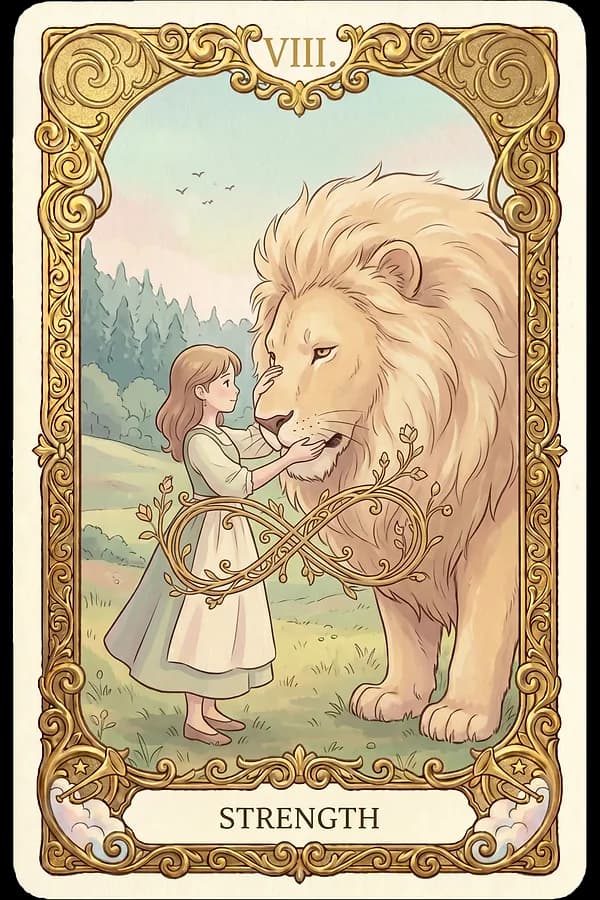 Strength tarot card showing a woman in a white gown crowned with flowers and an infinity sign, gently resting her hands on the jaws of a red lion.