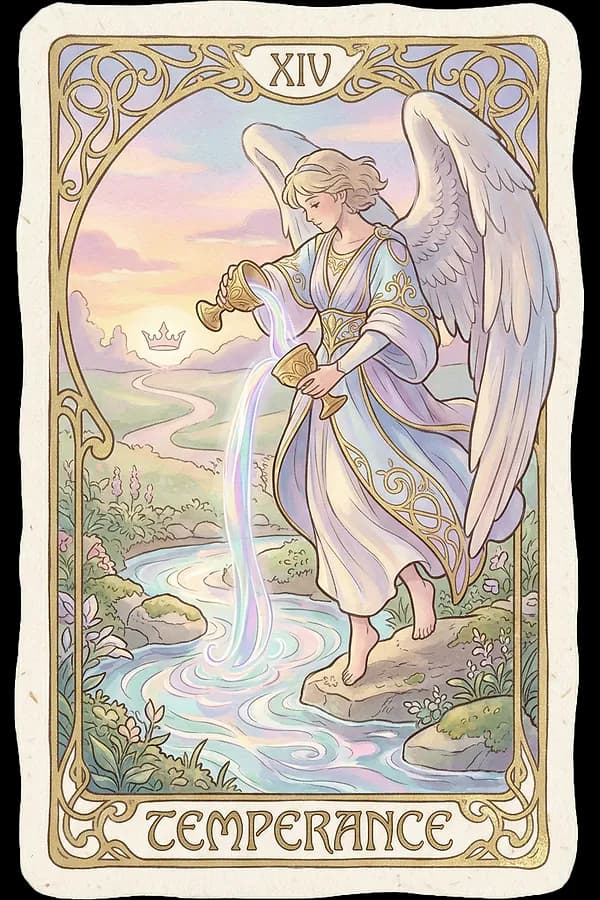 Temperance tarot card showing a winged angel with one foot on stones and one foot in water, pouring liquid diagonally between two golden cups while a path leads toward glowing mountain peaks.