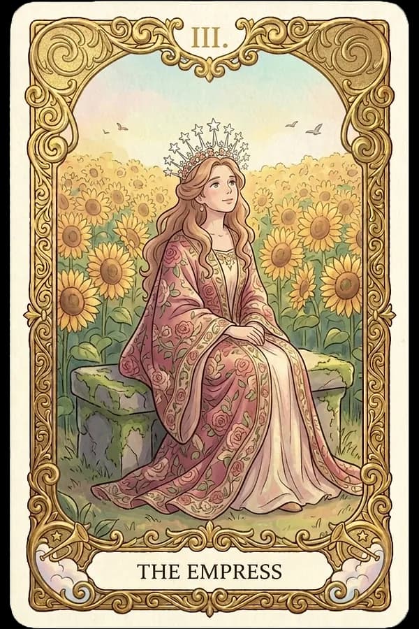 The Empress tarot card seated on velvet cushions in a lush forest beside a waterfall and ripe wheat field, wearing a crown of twelve stars and a Venus shield.
