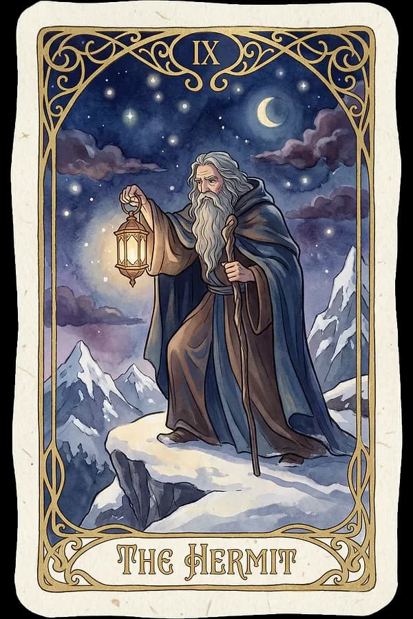 The Hermit tarot card showing an old cloaked figure standing on a snowy mountain peak holding a staff and a raised lantern containing a glowing six-pointed star.