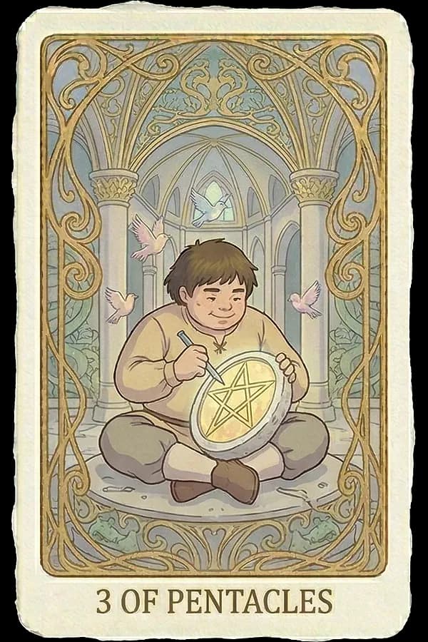 A young stone mason on a bench consults architectural plans with a monk and a guild master beneath three golden pentacles carved into a cathedral arch.